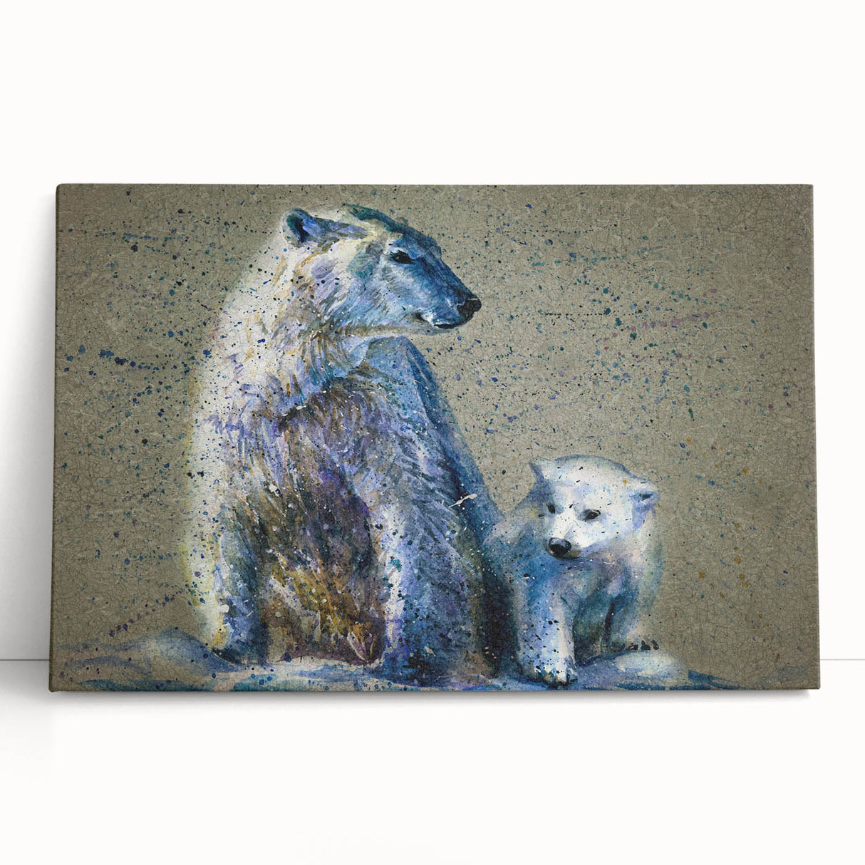Stretched canvas wall art showcasing a serene polar bear design, featuring soft whites and blues, perfect for adding a touch of nature-inspired decor to any room.