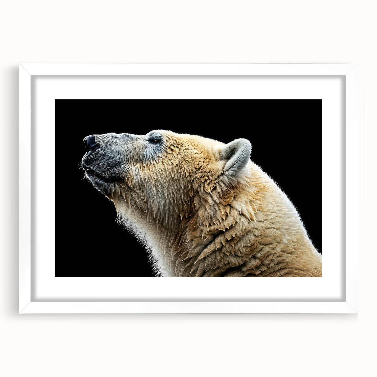 Framed wall art featuring a polar bear design in a minimalist white mat, showcasing a front view of the artwork, perfect for modern home decor. Ideal for animal lovers and eco-conscious decor enthusiasts.