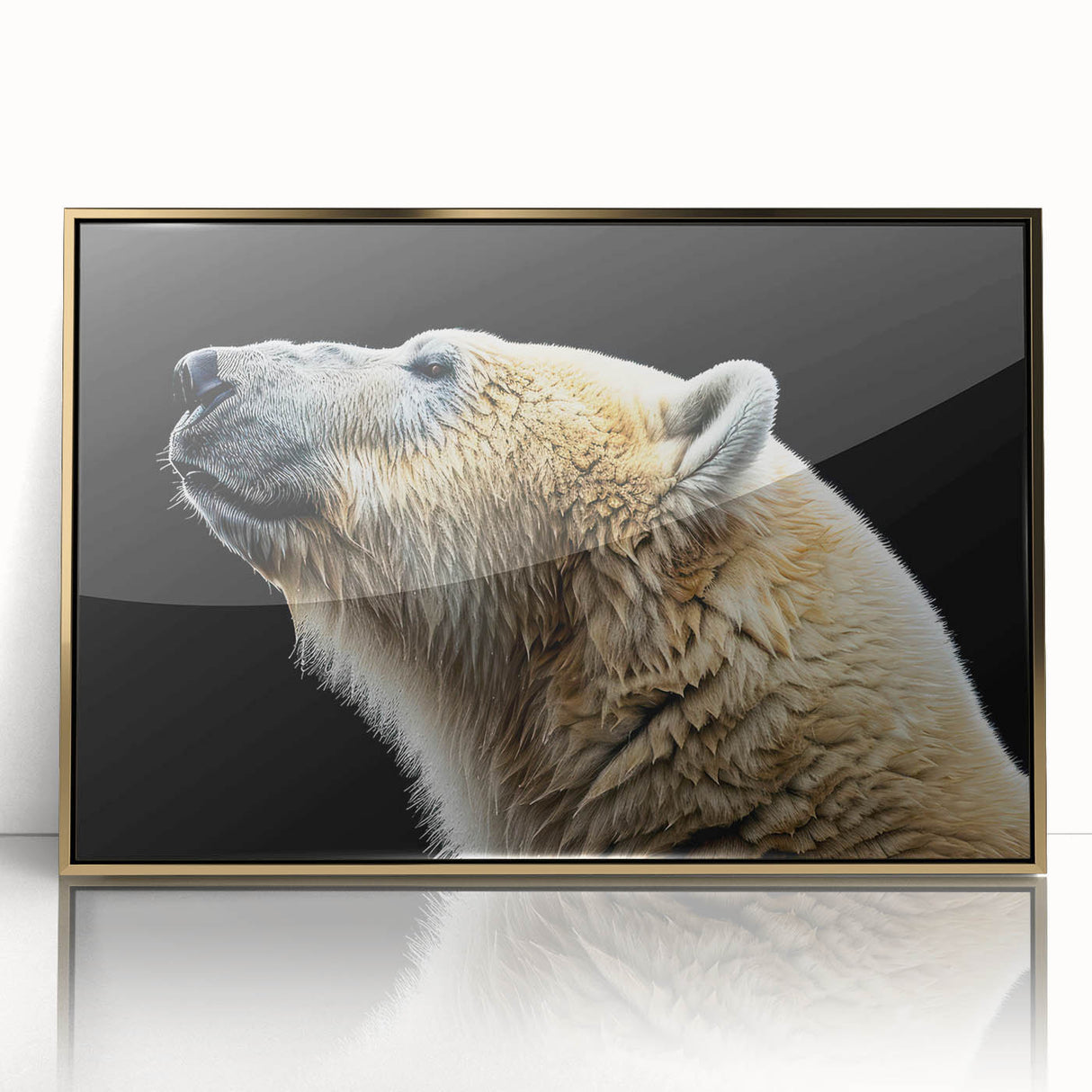 Framed wall art featuring a striking polar bear design, showcased in an elegant acrylic frame with a gold finish, perfect for enhancing modern decor.