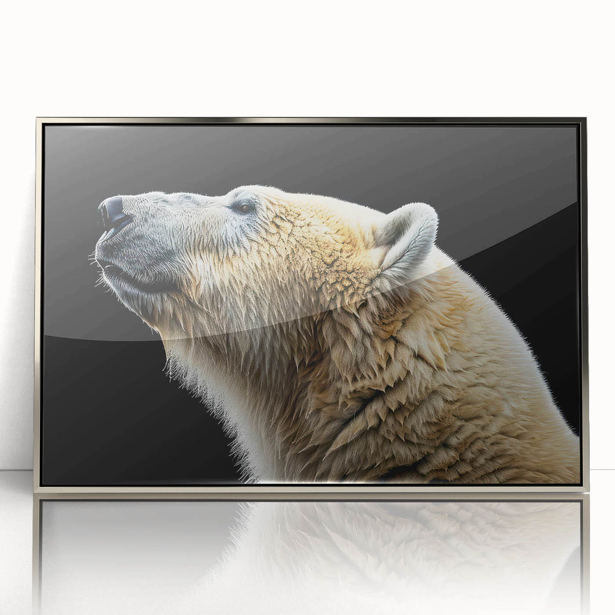 Framed acrylic wall art showcasing a striking polar bear design, featuring a silver frame and a modern aesthetic, perfect for enhancing contemporary home decor.