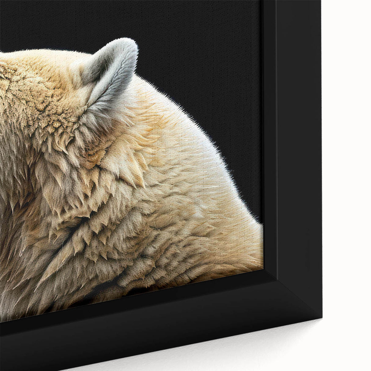 Close-up of a framed polar bear design wall art piece, showcasing intricate details and textures on a vibrant canvas, ideal for home or office decor.