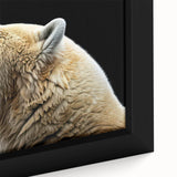 Close-up of a framed polar bear design wall art piece, showcasing intricate details and textures on a vibrant canvas, ideal for home or office decor.