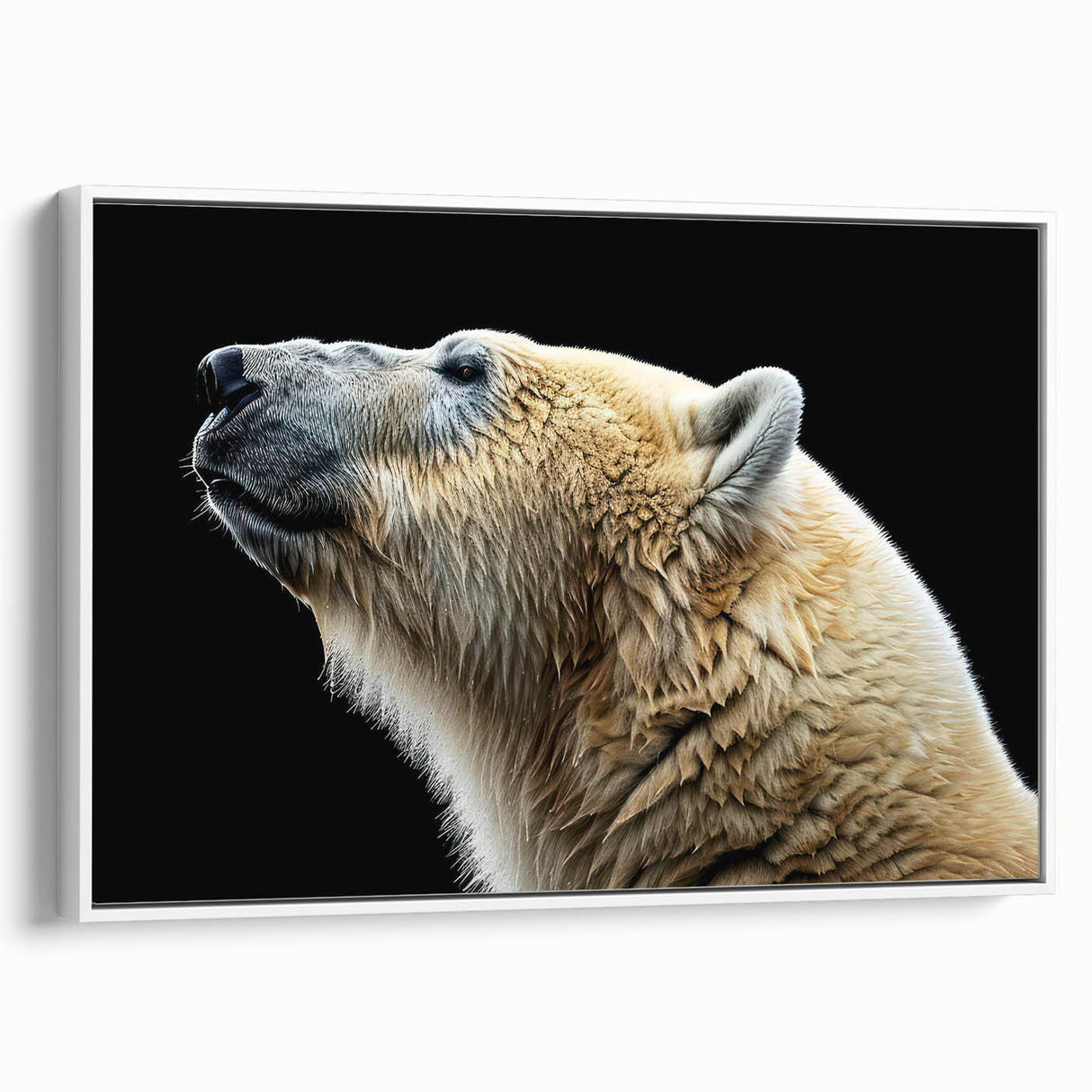 Framed wall art featuring a polar bear design on a white canvas, showcasing detailed fur textures and a serene side view, perfect for animal lovers and home decor enthusiasts.