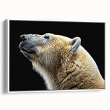 Framed wall art featuring a polar bear design on a white canvas, showcasing detailed fur textures and a serene side view, perfect for animal lovers and home decor enthusiasts.