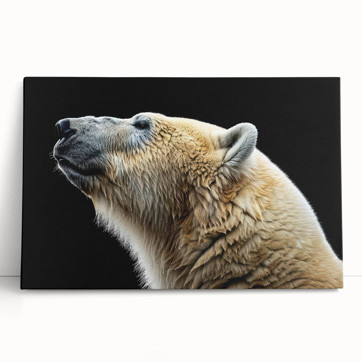Stretched canvas wall art showcasing a striking polar bear design, featuring vibrant colors and intricate details, perfect for contemporary home decor.