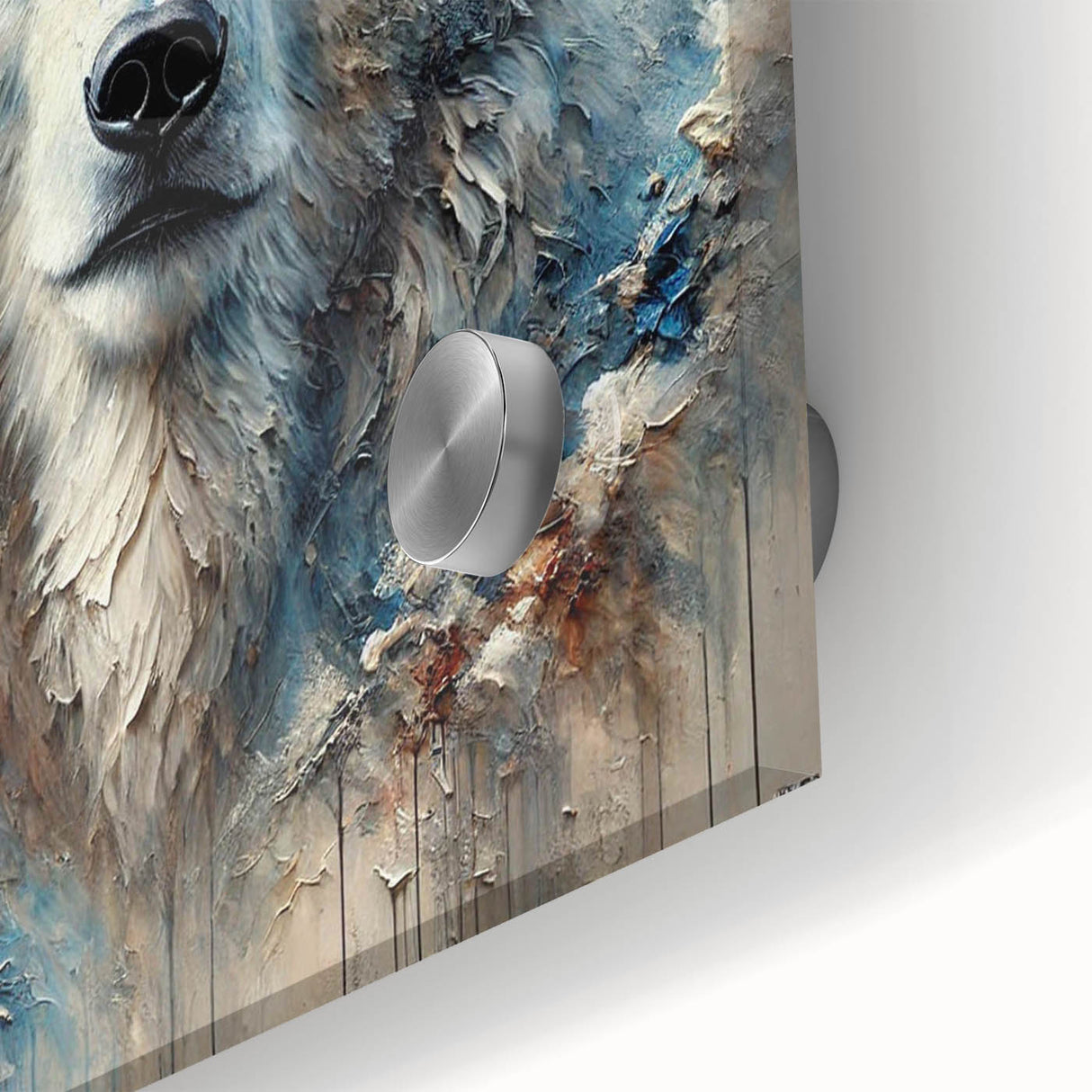 Close-up of a polar bear wall art design featuring intricate details on acrylic glass, showcasing a serene arctic landscape with vibrant colors, perfect for home decor enthusiasts.