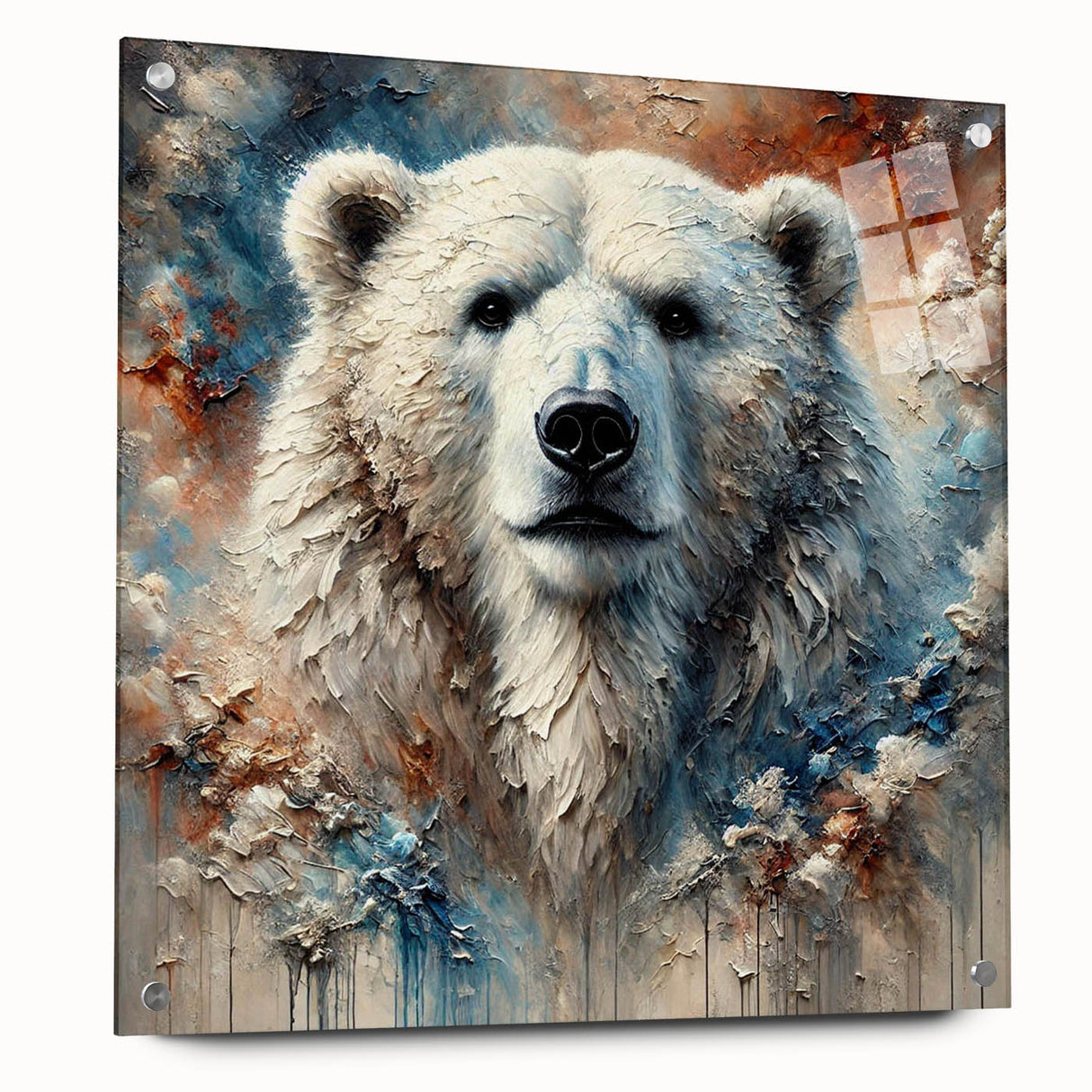 Side view of a polar bear wall art piece set in acrylic glass, showcasing intricate design details and pinned for display, perfect for wildlife enthusiasts.