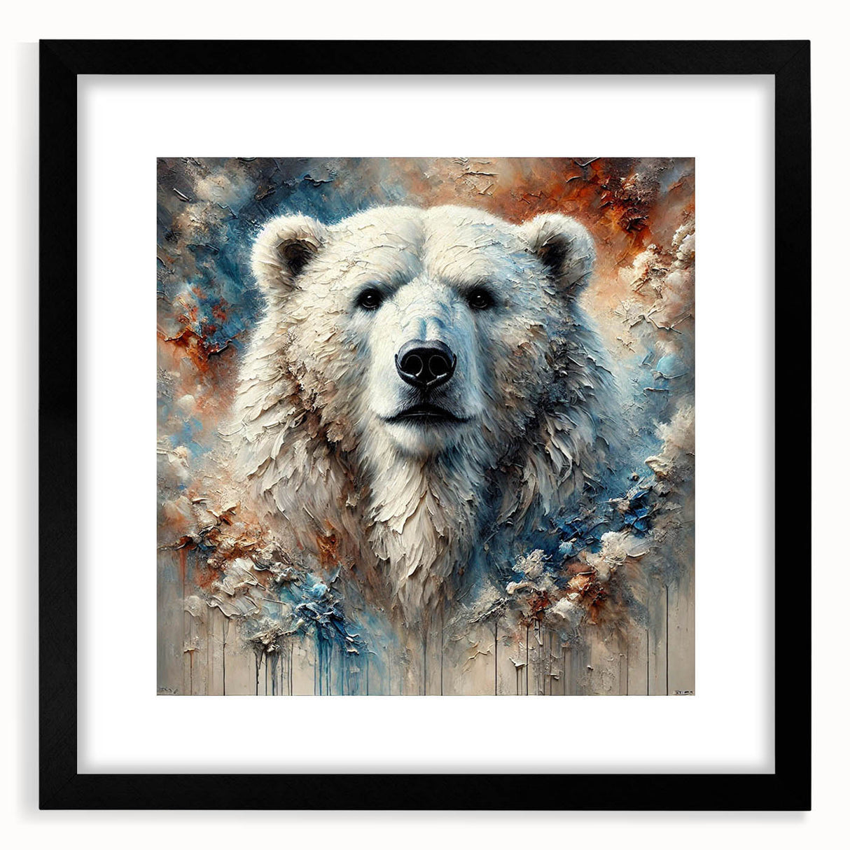 Polar bear wall art design featuring a striking black frame and mat, showcasing a beautifully detailed illustration of a polar bear, perfect for modern home decor.