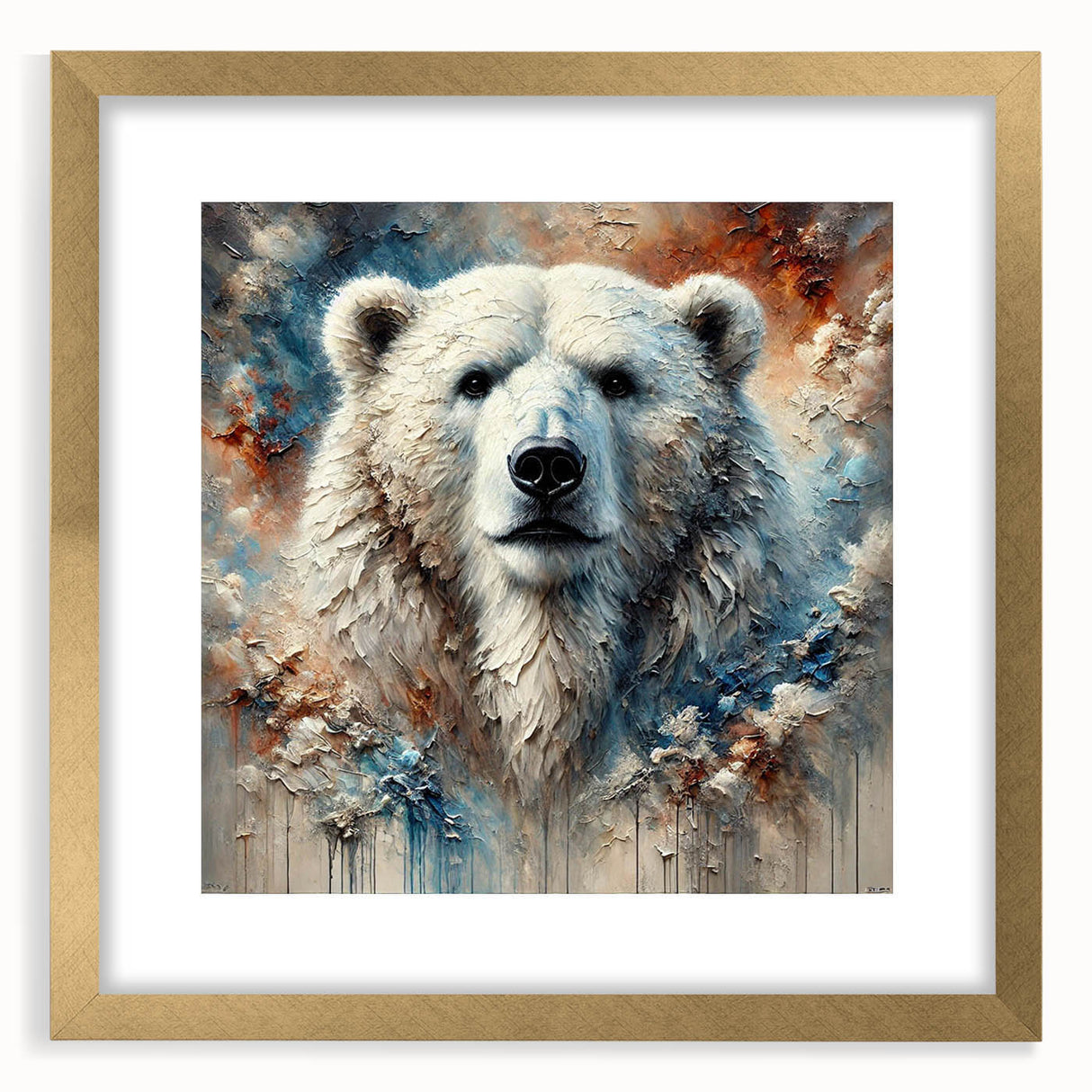 Polar bear wall art framed with a gold mat, showcasing a stylish design perfect for modern home decor. Ideal for animal lovers and nature enthusiasts.
