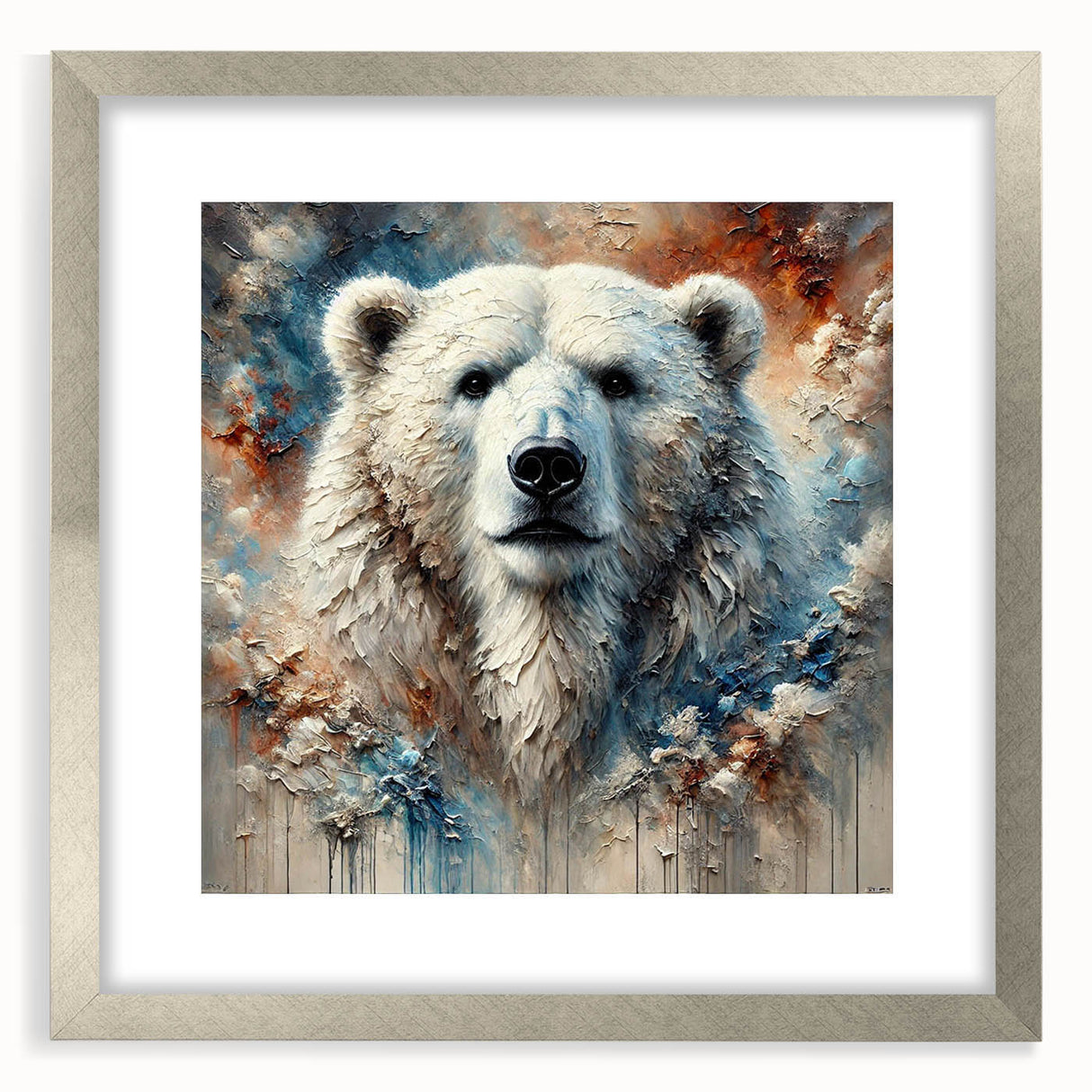 Framed polar bear wall art design showcasing a silver mat and contemporary style, ideal for enhancing modern home decor with a nature-inspired theme.