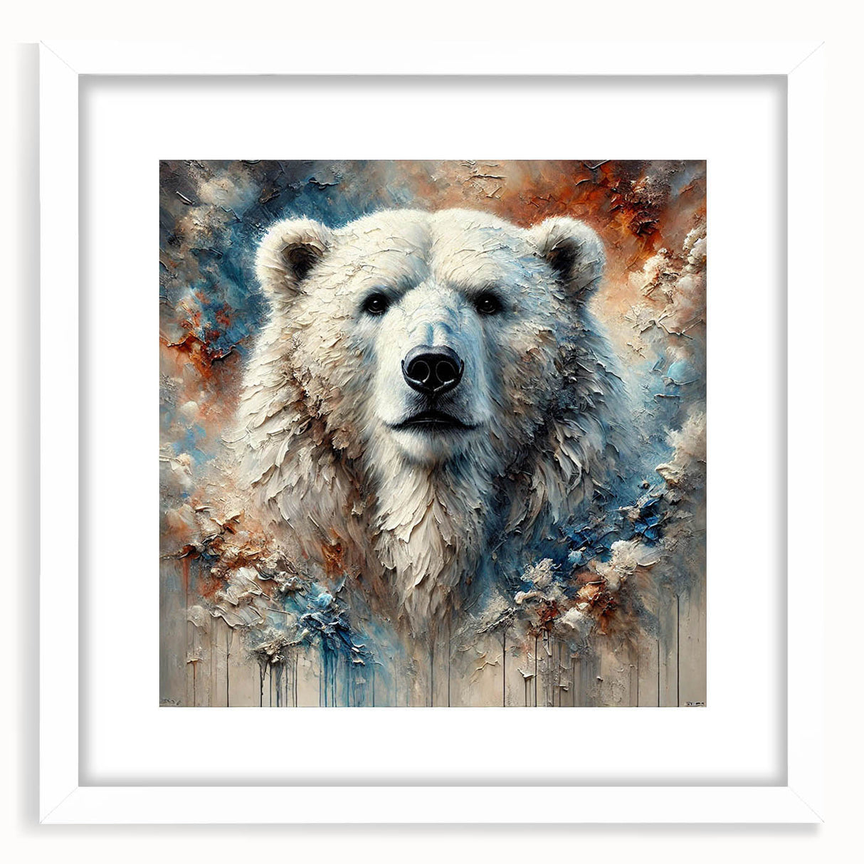Polar bear wall art print in a white frame with matting, showcasing a striking design perfect for home decor, emphasizing wildlife conservation and Arctic themes.