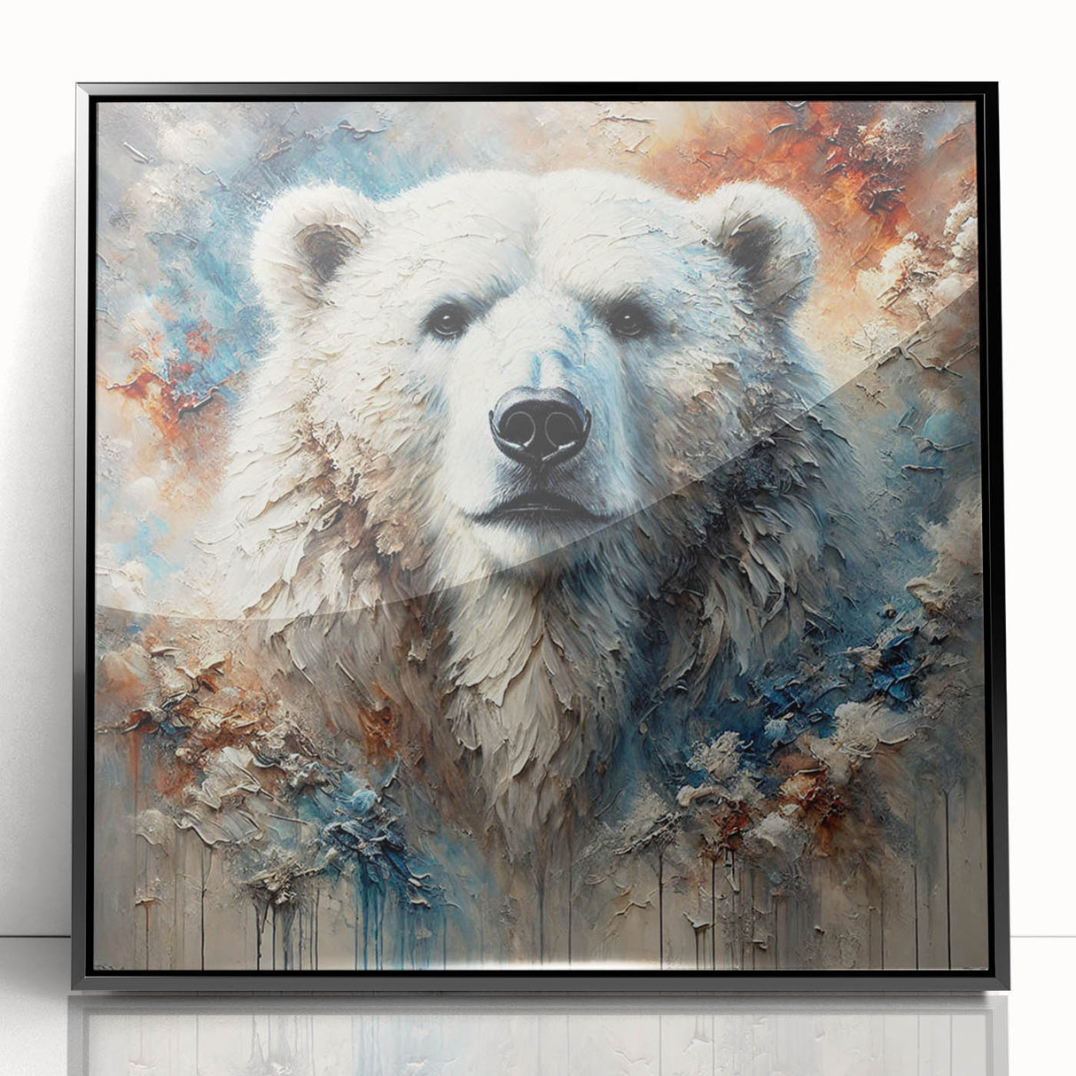 Framed wall art featuring a striking polar bear design in a modern black frame, showcasing vibrant colors and intricate details, perfect for wildlife enthusiasts and home decor.
