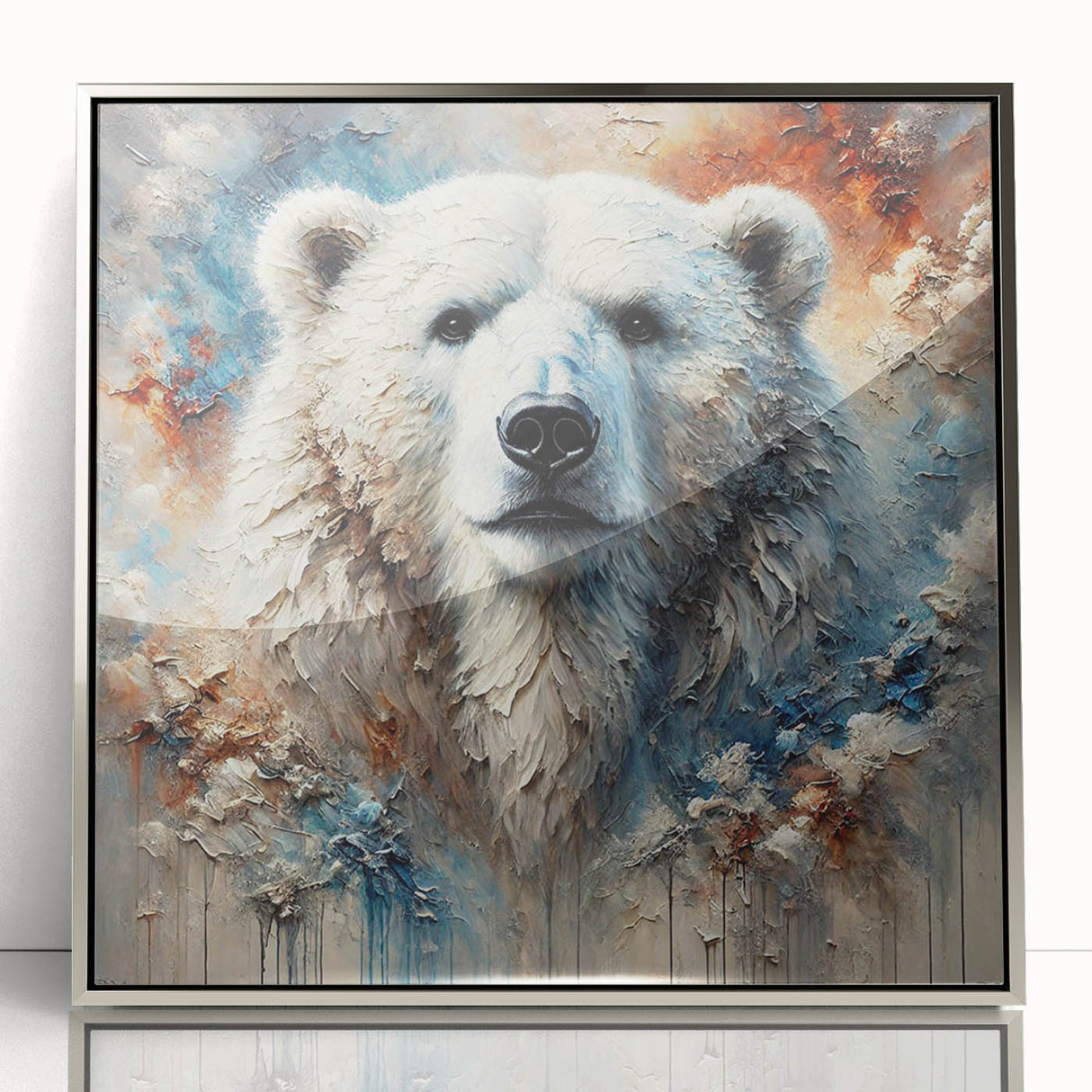 Framed wall art featuring a striking polar bear design, showcasing detailed fur textures and a silver-acrylic finish, perfect for modern home decor.