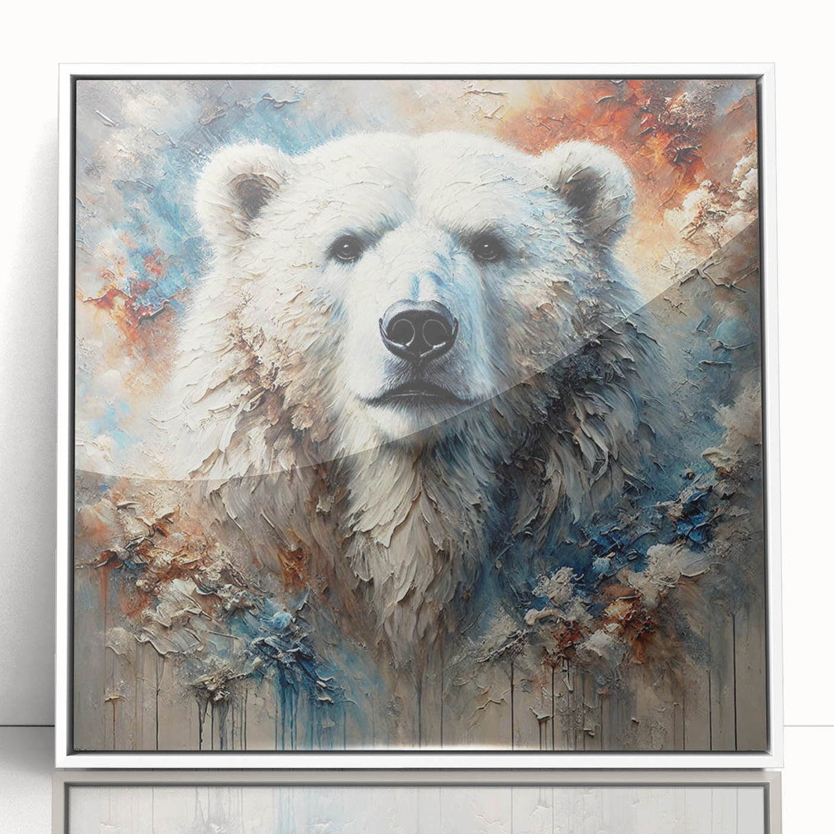 Framed wall art featuring a striking polar bear design in acrylic, set against a white background, perfect for modern home decor and wildlife enthusiasts.