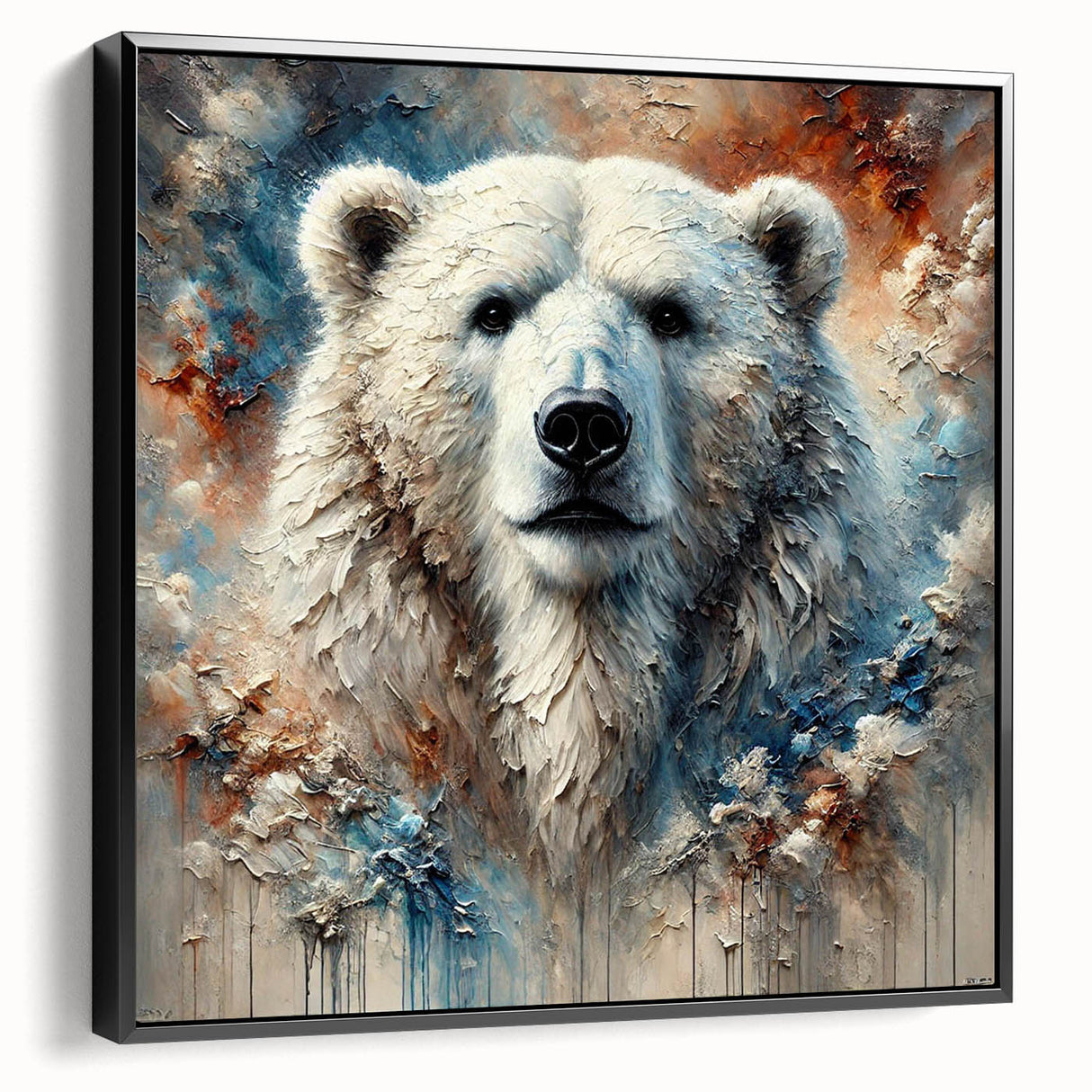 Framed wall art showcasing a striking polar bear design on a canvas, featuring a sleek black frame and a side view perspective, perfect for modern decor.