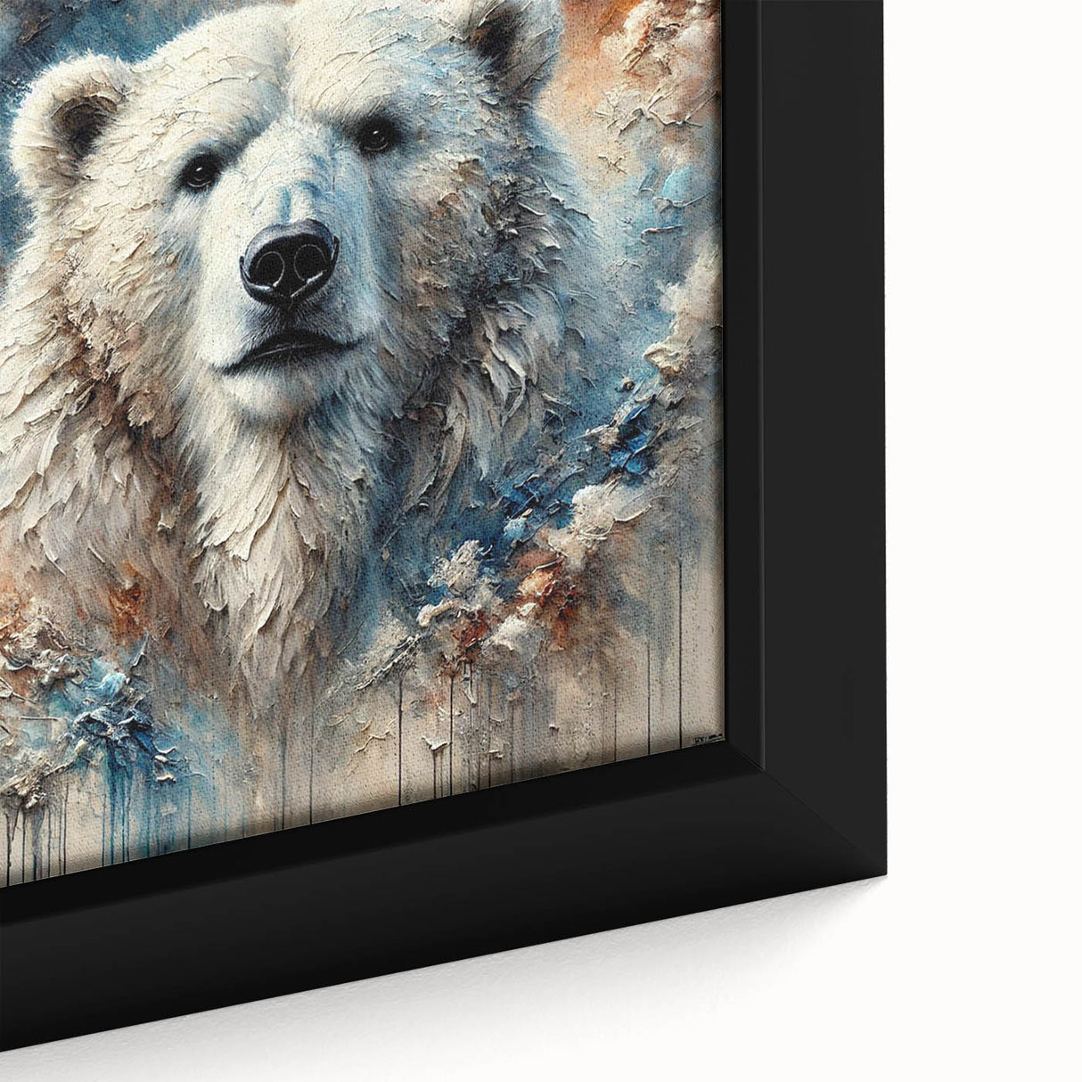 Close-up of a framed wall art piece showcasing a polar bear design, featuring soft colors and intricate details on a textured canvas, ideal for nature-themed decor.