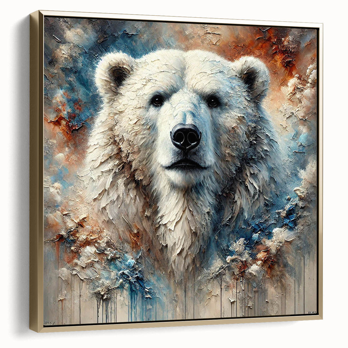 Framed wall art showcasing a polar bear design on canvas, featuring a gold frame and side view, perfect for adding a touch of wildlife elegance to home decor.
