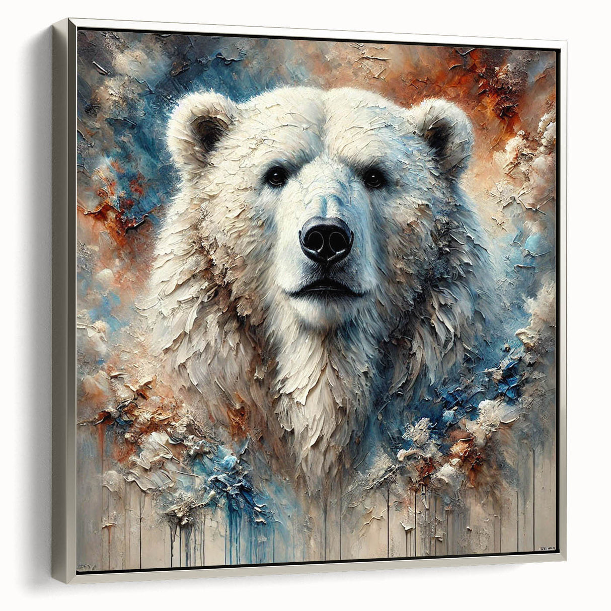 Framed silver side view of a polar bear wall art piece, showcasing a modern design with intricate details, perfect for enhancing home decor with a touch of wildlife elegance.