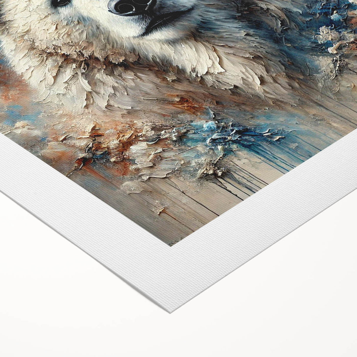 Rolled canvas artwork showcasing a striking polar bear design, featuring a blend of icy blue and white tones, perfect for enhancing modern home decor aesthetics.