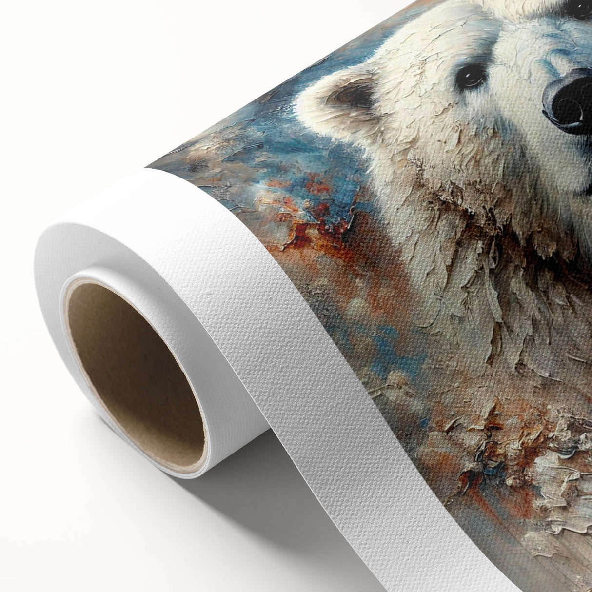 Rolled canvas showcasing a striking polar bear design, featuring vibrant colors and intricate details, ideal for wildlife-themed decor and art enthusiasts.