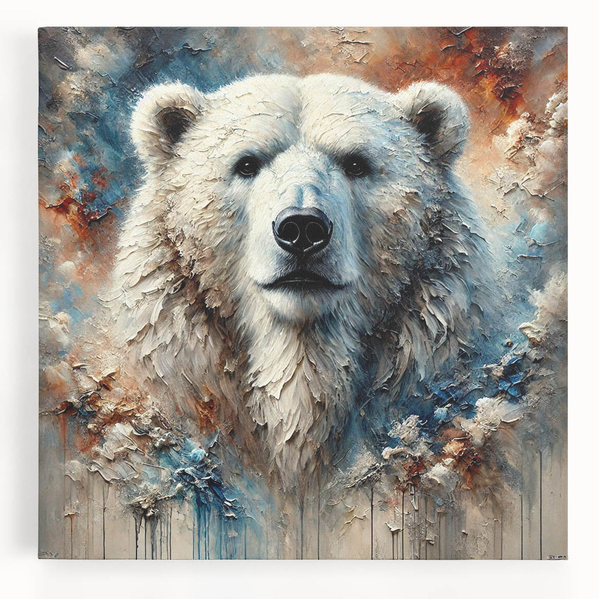 Stretched canvas wall art showcasing a striking polar bear design in icy blue and white hues, perfect for nature lovers and modern decor enthusiasts.