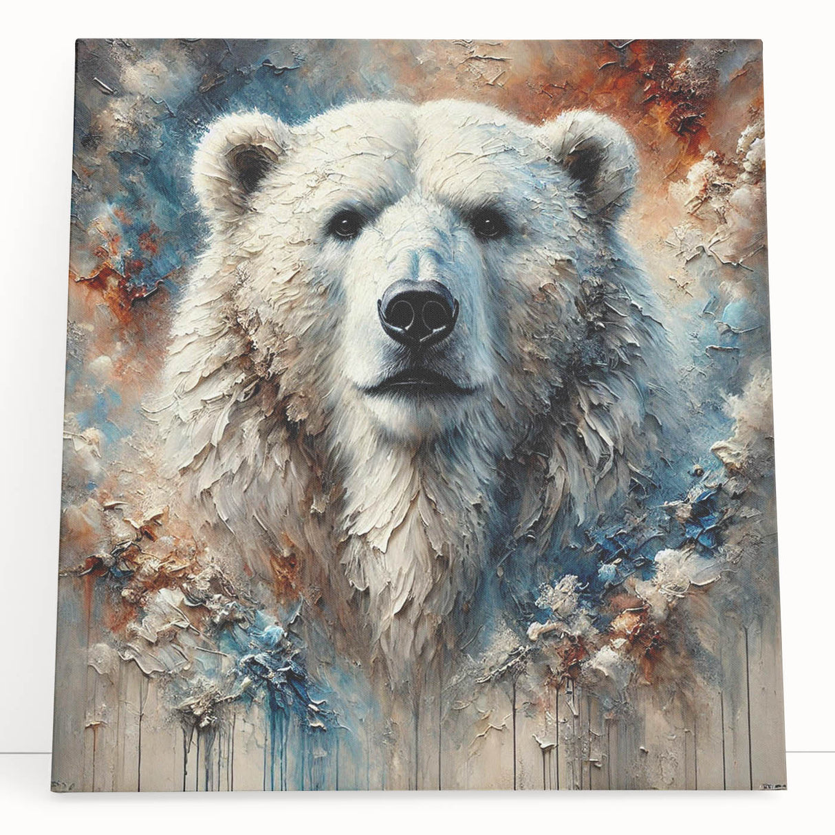 Stretched canvas wall art featuring a serene polar bear design, showcasing soft blue and white tones, perfect for modern home decor and wildlife enthusiasts.