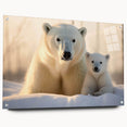 Acrylic glass wall art showcasing a polar bear design, elegantly displayed from a side view, featuring a modern aesthetic with precision pins for secure mounting.