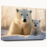 Acrylic glass wall art showcasing a polar bear design, elegantly displayed from a side view, featuring a modern aesthetic with precision pins for secure mounting.