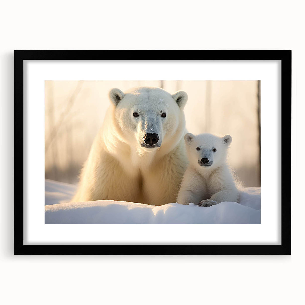 Framed polar bear wall art showcasing a minimalist design with a black mat and sleek frame, perfect for modern home decor. Ideal for animal lovers.