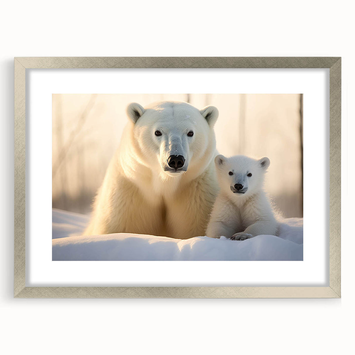 Framed wall art showcasing a striking polar bear design with a silver mat, perfect for adding a modern touch to any home decor. Ideal for animal lovers and nature enthusiasts.