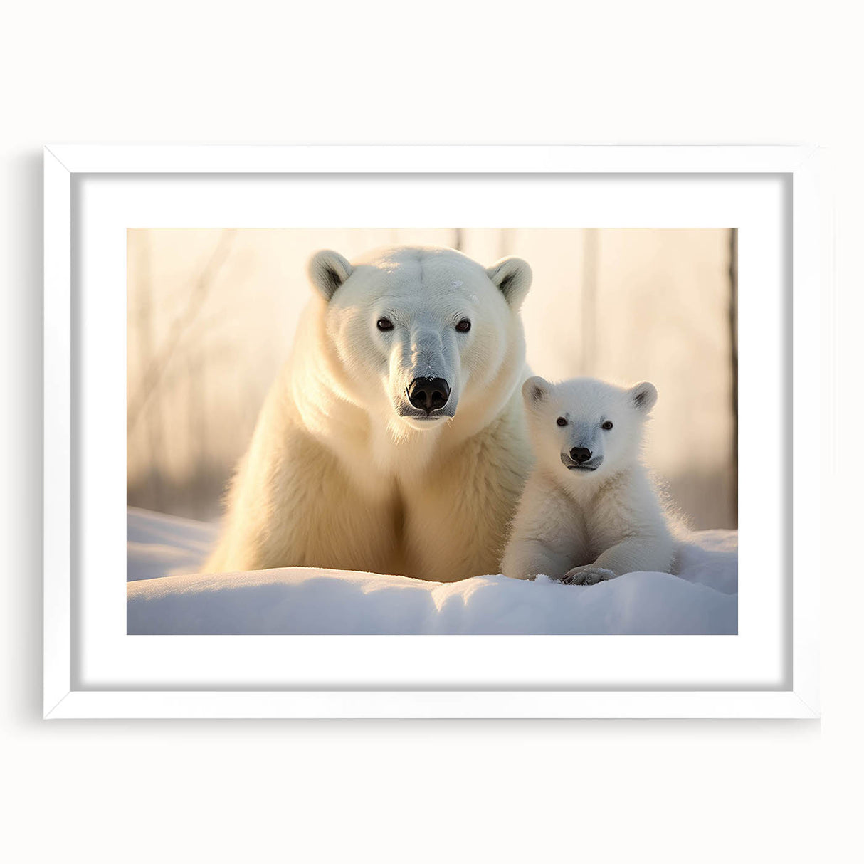 Polar bear wall art framed with a white mat, showcasing a striking design that highlights the beauty of Arctic wildlife, perfect for home decor enthusiasts.