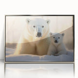Framed acrylic wall art showcasing a striking polar bear design, highlighted by a sleek silver frame, perfect for enhancing modern home decor.