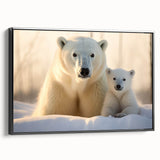 Framed wall art featuring a polar bear design on textured canvas, showcasing a black frame with a side view, perfect for home decor and wildlife enthusiasts.
