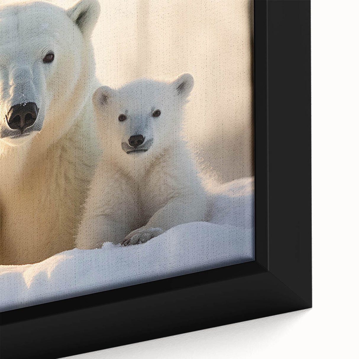 Close-up of a framed canvas print featuring a striking polar bear design, showcasing detailed textures and vibrant colors, perfect for animal-themed wall art decor.