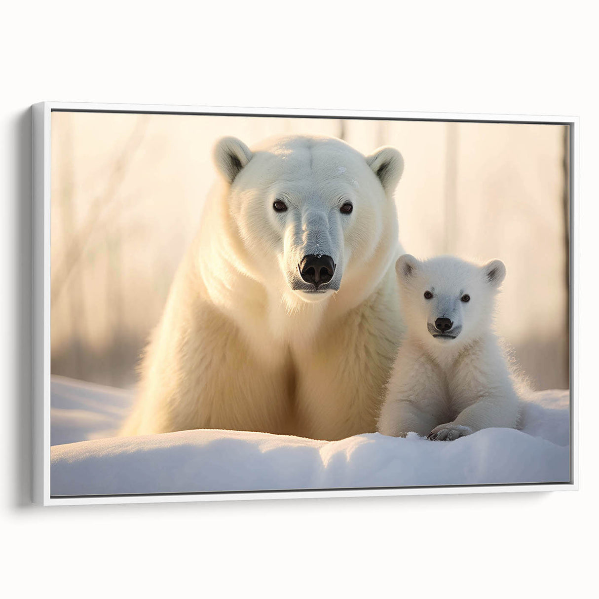Framed canvas wall art depicting a polar bear design, showcasing a minimalist white background and side view, ideal for modern home decor and wildlife enthusiasts.