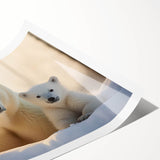Polar bear wall art print showcasing a striking design with vibrant blues and whites, rolled for easy display and shipped in a protective cardboard tube. Perfect for nature lovers and modern decor enthusiasts.