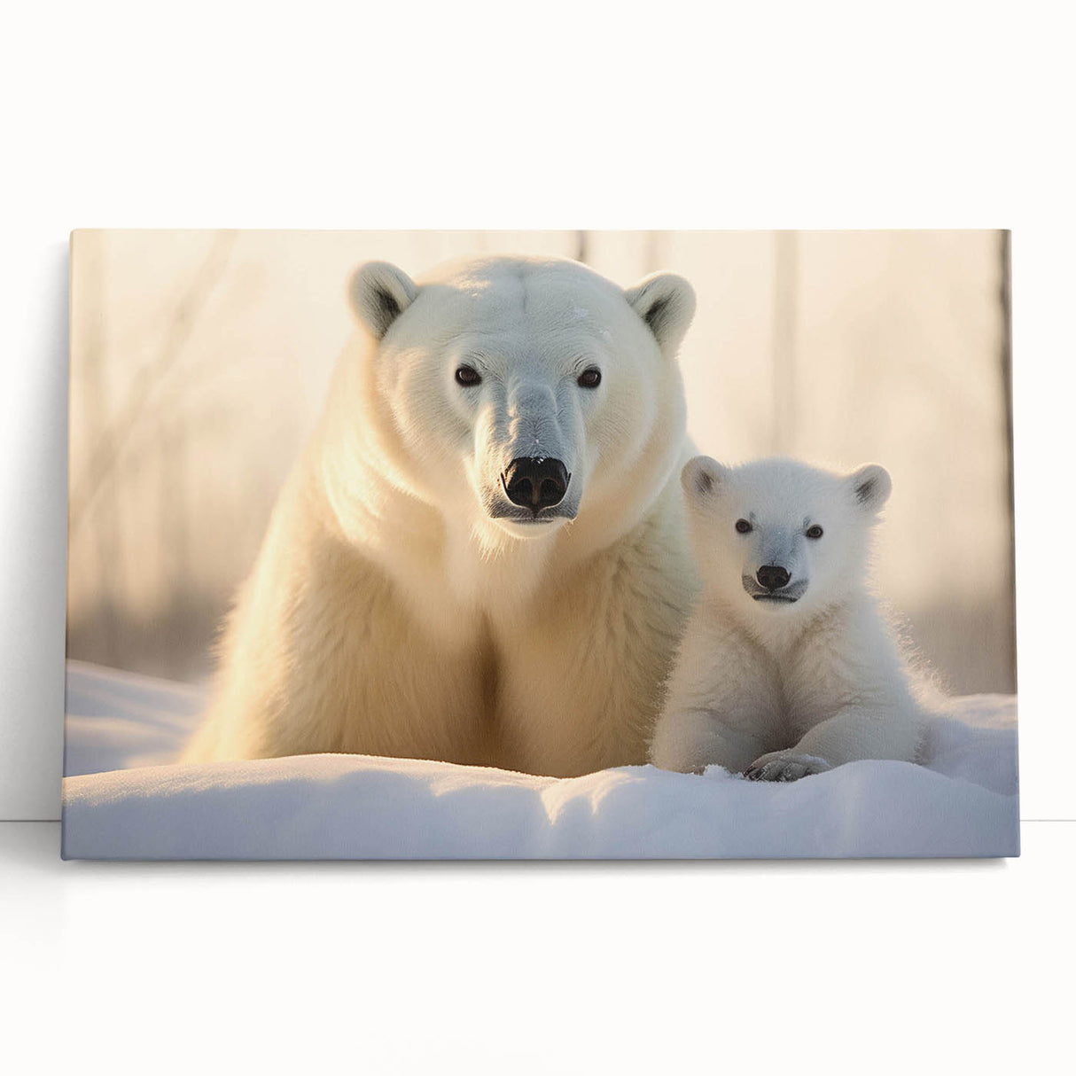 Stretched canvas wall art featuring a serene polar bear design, showcasing soft white fur and a tranquil icy landscape, perfect for nature-themed decor.