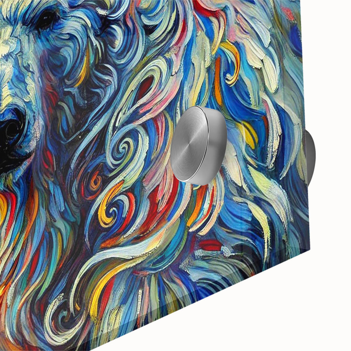 Close-up of a polar bear wall art design printed on acrylic glass, showcasing vibrant colors and intricate details, perfect for adding a modern touch to home decor.