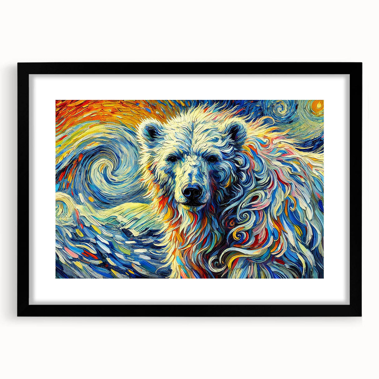 Framed polar bear wall art design in black frame with matting, showcasing a striking wildlife illustration perfect for modern home décor. Ideal for animal lovers.