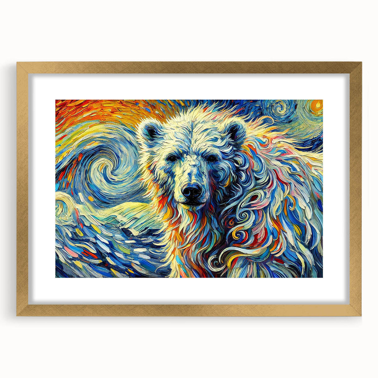 Polar bear wall art design in a gold frame with a mat, showcasing intricate details and vivid colors, ideal for enhancing modern home decor and wildlife-themed spaces.
