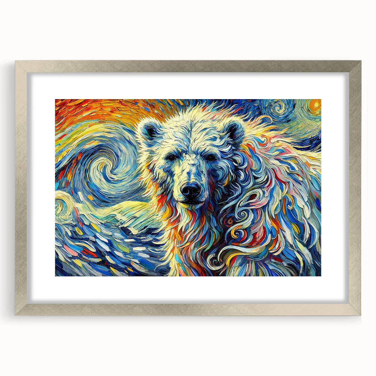 Polar bear wall art framed in silver with a mat, showcasing a detailed design that highlights the bear's fur texture and striking features, ideal for home decor.