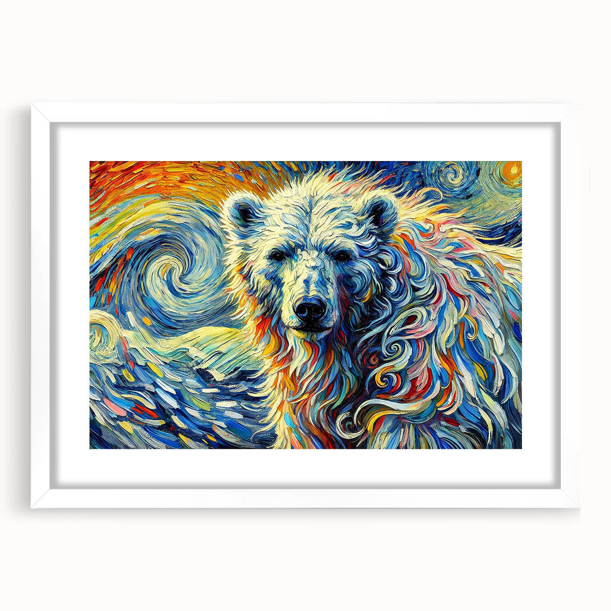 Framed polar bear wall art design showcasing a striking white bear against a minimalist backdrop, perfect for adding a touch of nature to home decor.