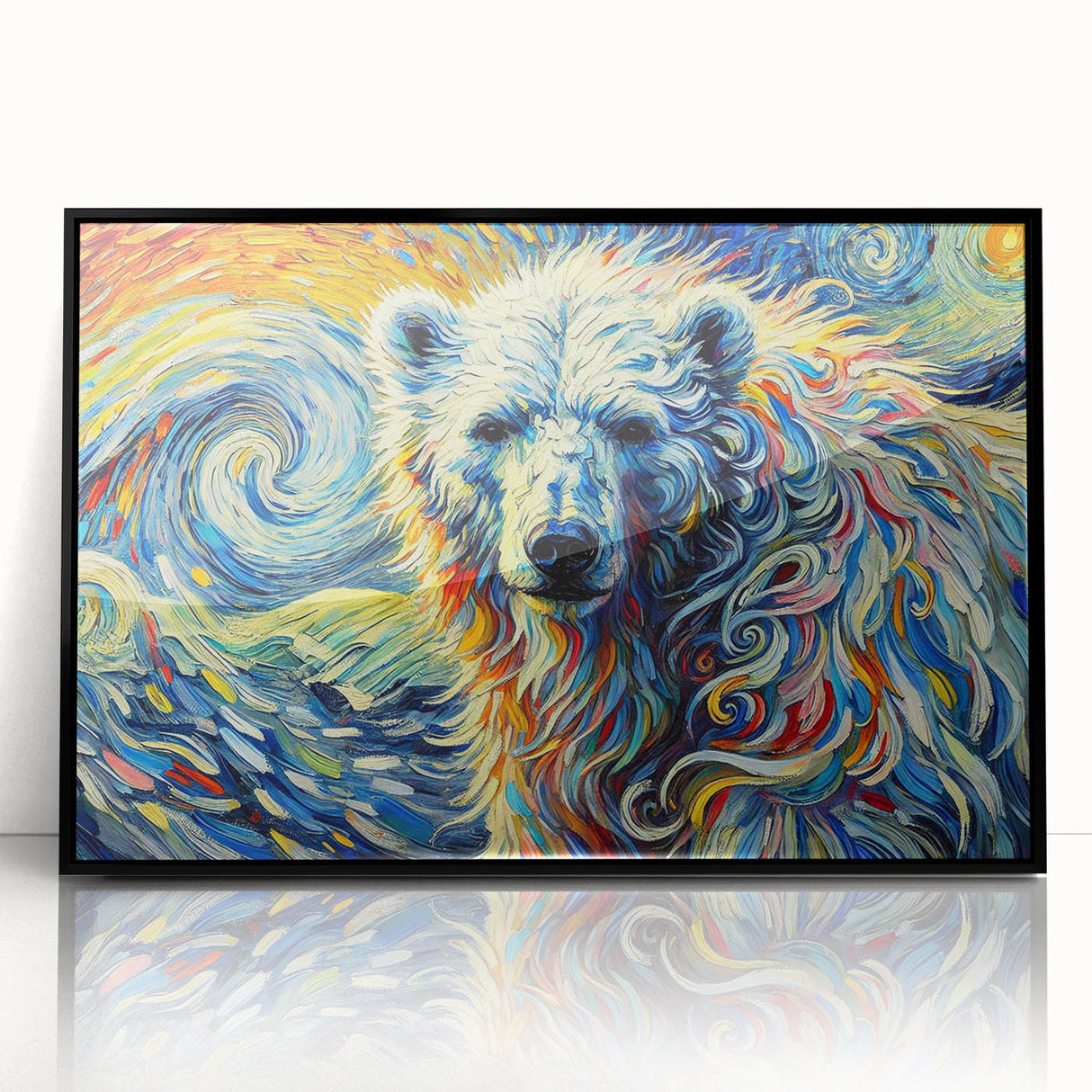 Framed wall art featuring a polar bear design in acrylic, showcasing a striking black frame and vivid colors, perfect for wildlife-themed home décor.