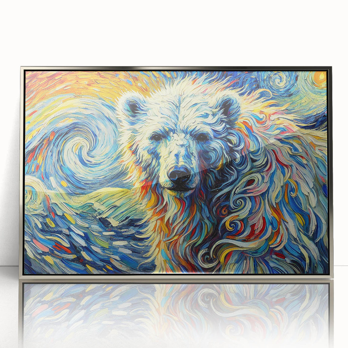 Framed acrylic wall art featuring a striking polar bear design, accentuated with a sleek silver frame and perfect for adding a contemporary touch to any room.