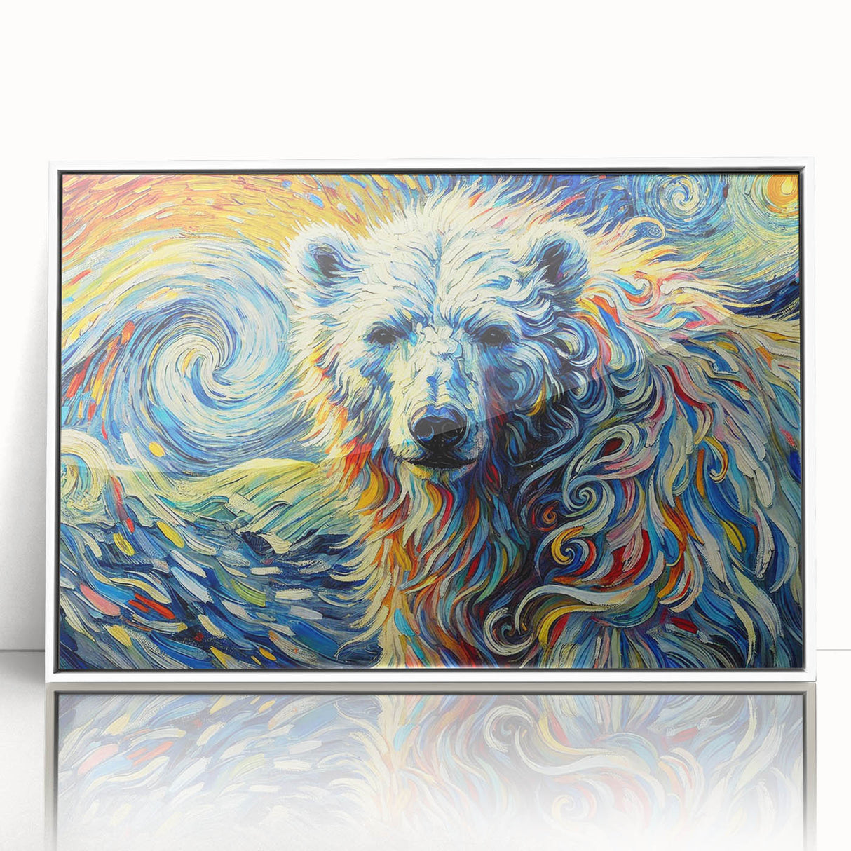 Framed acrylic wall art showcasing a polar bear design, featuring a white background and modern aesthetic, perfect for animal lovers and home decor enthusiasts.