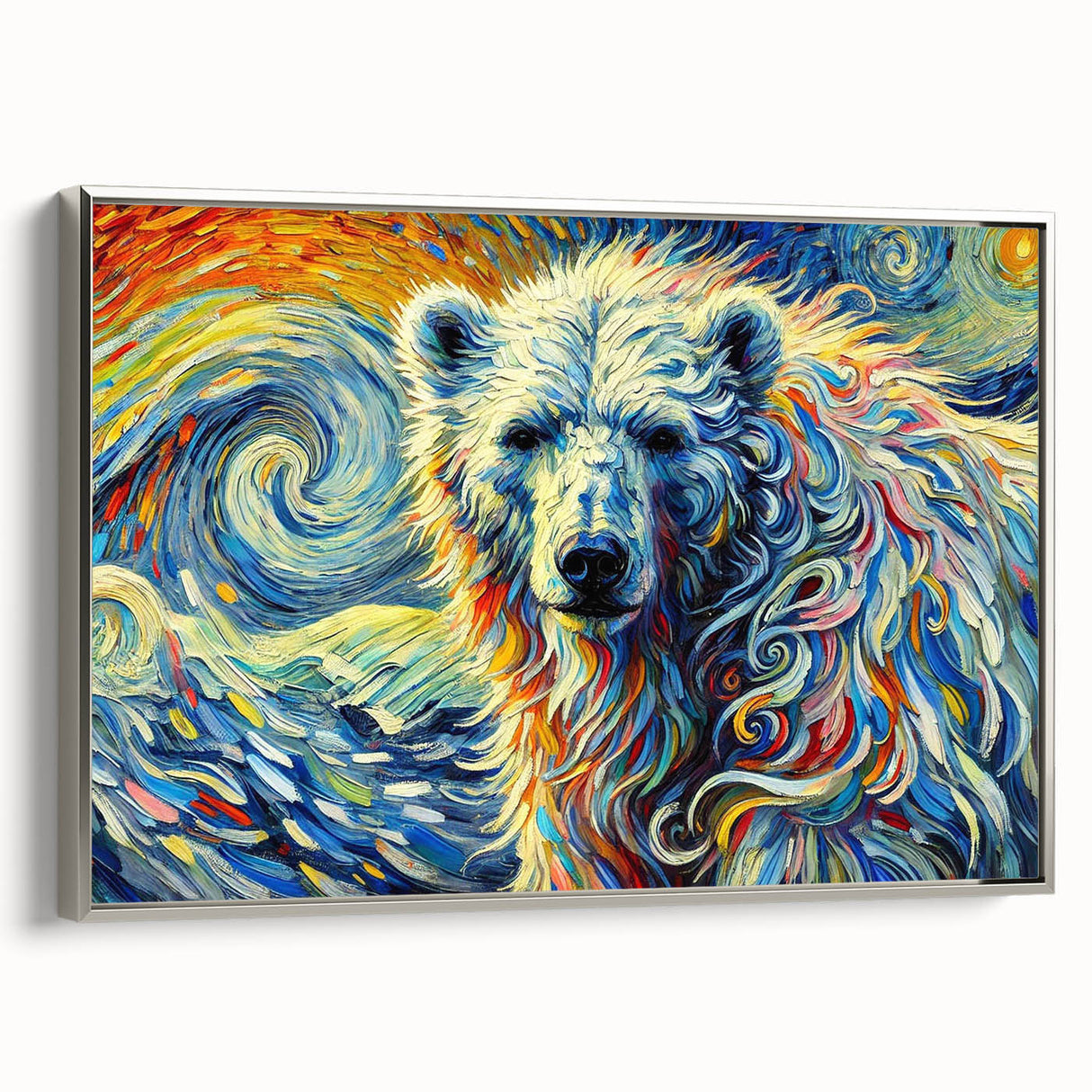Framed polar bear wall art in a sleek silver frame, showcasing a detailed design perfect for modern decor. Ideal for nature enthusiasts or wildlife-themed interiors.