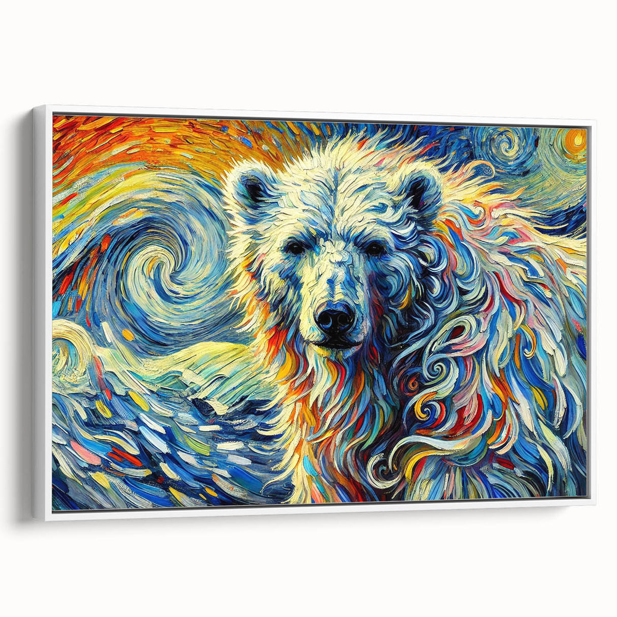 Framed polar bear wall art collection featuring a white bear design on canvas, showcasing a side view in a contemporary setting, ideal for wildlife enthusiasts.