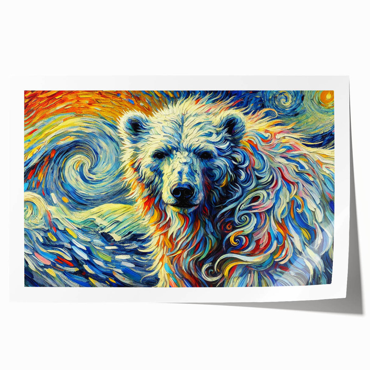 Polar bear wall art print showcasing a striking design with a serene icy landscape background, perfect for enhancing home decor and wildlife-themed interiors.