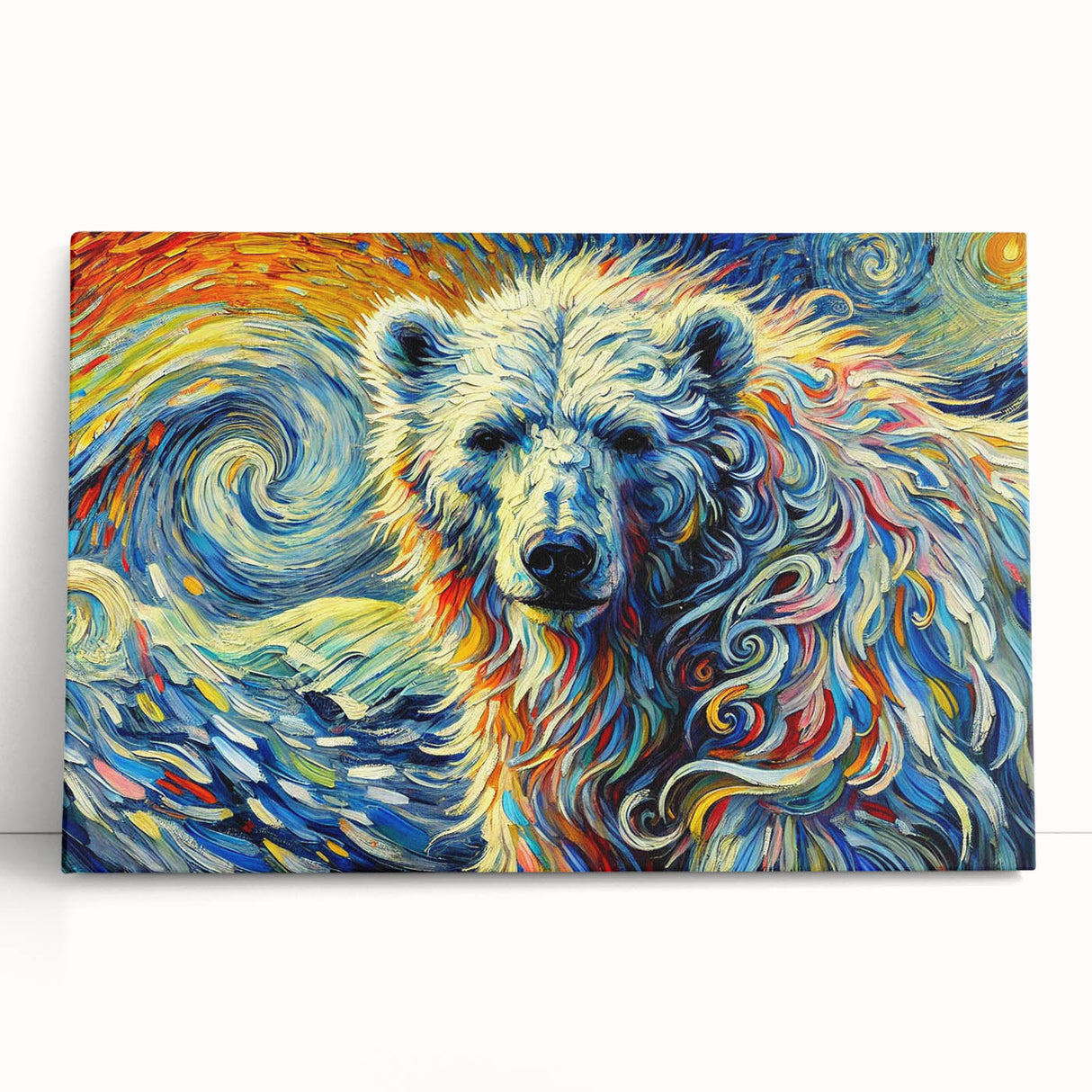 Stretched canvas wall art featuring a polar bear design, showcasing vibrant colors and intricate details, ideal for adding a contemporary touch to any room decor.