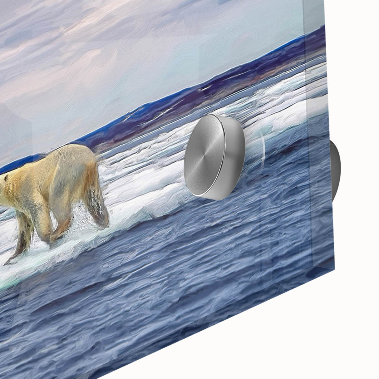 Close-up of a polar bear wall art design, showcasing vibrant colors and intricate details on acrylic glass, perfect for enhancing modern decor.